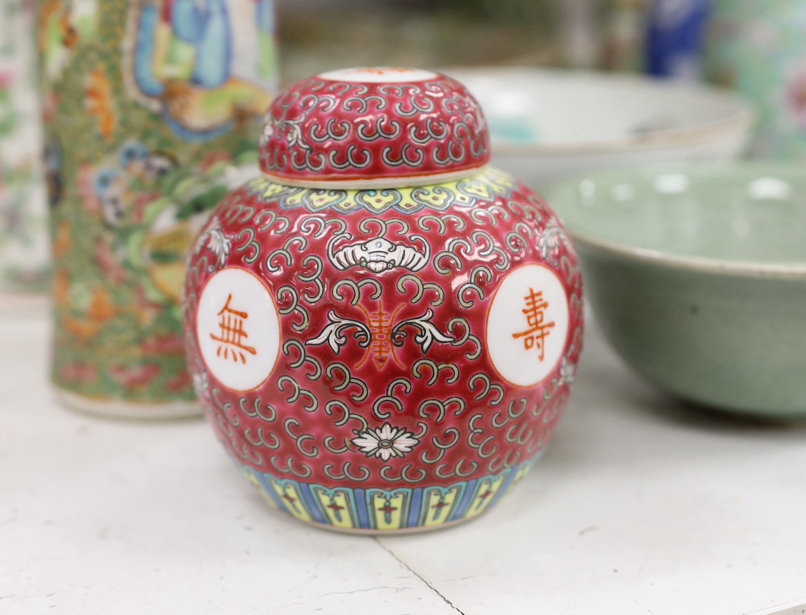 A Chinese famille charger, three vases and a plate, together with other Chinese and Japanese ceramics (13 items), Charger 48 cms diameter